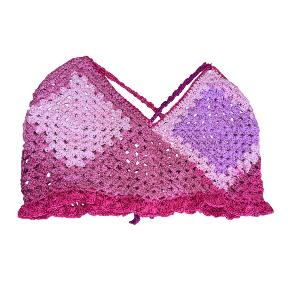 Handmade Crochet Granny Square Halter Top Pink Boho Festival Fairycore